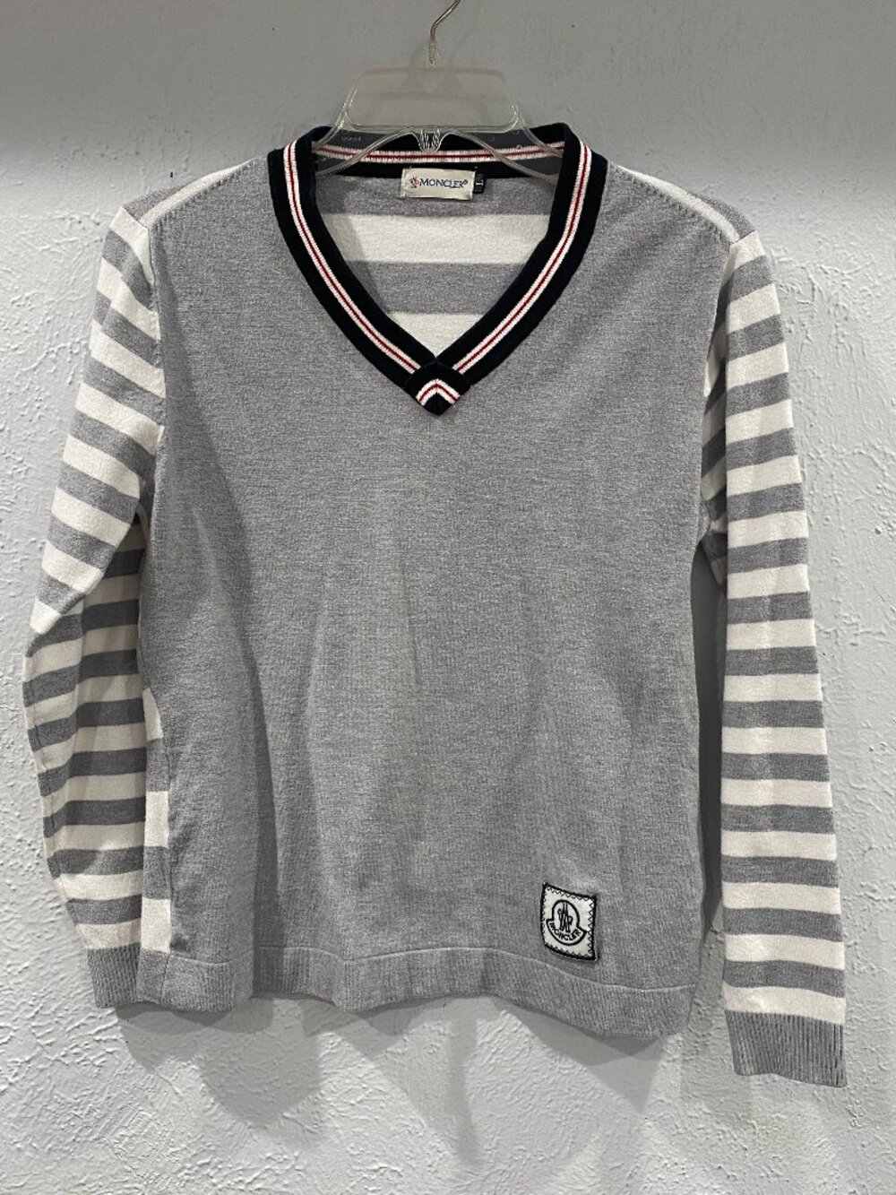 Moncler grey and white v-neck sweater, teen girl's size Large, wool/cotton EUC.